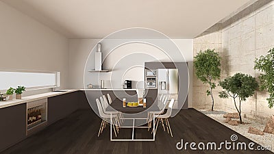 White and brown kitchen with inner garden, minimal interior design Stock Photo