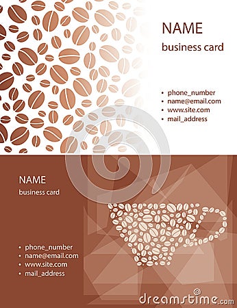 White and brown visit cards with cup and coffee grains - vector Vector Illustration