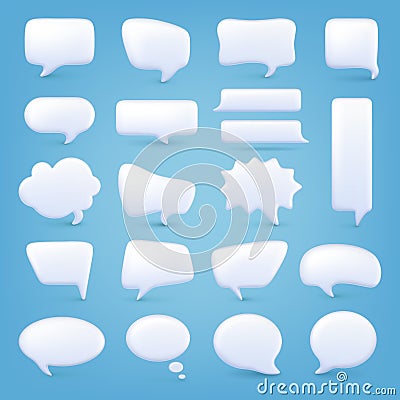 White bubble shapes 3d. Different message balloons and squares. Dialogue speech bubbles empty templates. Blank quote or Vector Illustration