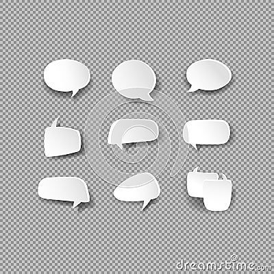 White bubble speech icon set. Various empty shapes with shadow. Chat, communicate or comment symbol. Vector on isolated background Vector Illustration