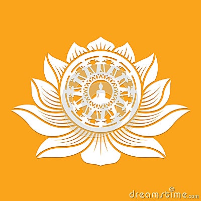White Buddha meditated in dharmachakra wheel of dhamma with lotus petals around sign on yellow background vector design Vector Illustration