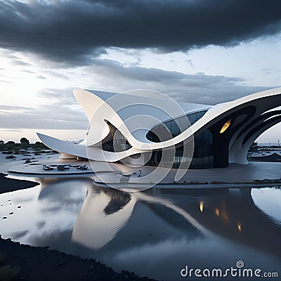 A white building with a curved roof next to a body of water Stock Photo