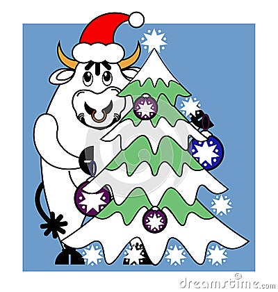 White bull decorates a Christmas tree. Vector Illustration