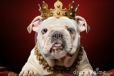 White bulldog pup wears regal gold crown, adorned in red velvet Stock Photo