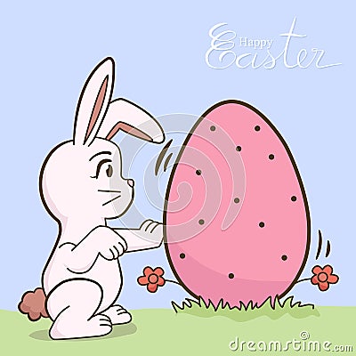 White bunny with big Easter eggs Vector Illustration
