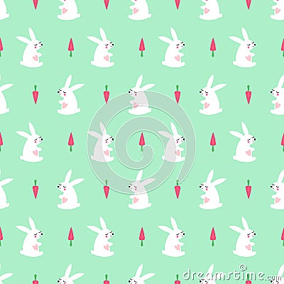 White bunny with carrot seamless pattern mint green background. Vector Illustration