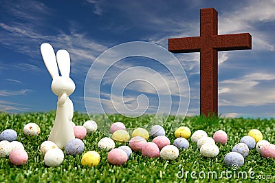 A white bunny, easter eggs and a cross Cartoon Illustration