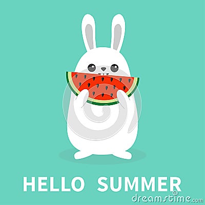 White bunny rabbit holding eating watermelon slise. Funny head face. Big ears. Cute kawaii cartoon character. Hello summer. Baby g Vector Illustration