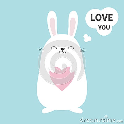 White bunny rabbit holding heart. Talking thinking bubble. Love you sticker. Funny head face. Cute kawaii cartoon character. Baby Vector Illustration