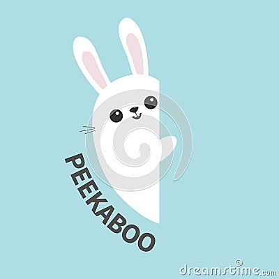 White bunny rabbit holding wall signboard. Cute cartoon funny animal hiding behind paper. Happy Easter symbol. Peekaboo text. Flat Vector Illustration