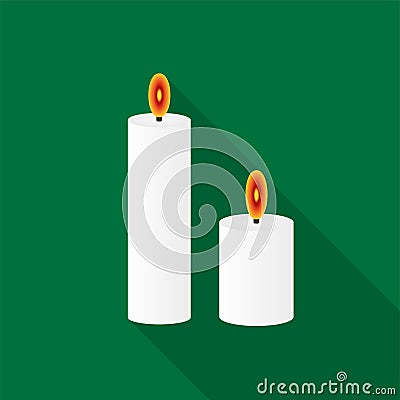 White burning candles icons with long shadow on green background. Vector Illustration