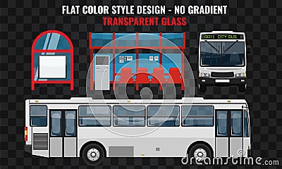 White bus. Side and front view. Cool modern flat design public transport. Bus stop structure and city bus Vector Illustration