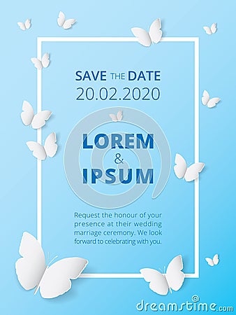 White butterfly paper art icon on blue label background, wedding card invitation printing template. Vector Illustration