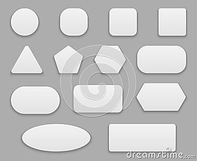 White buttons. Blank tags, white clear badge. Round square circle application button plastic 3d vector isolated shapes Vector Illustration