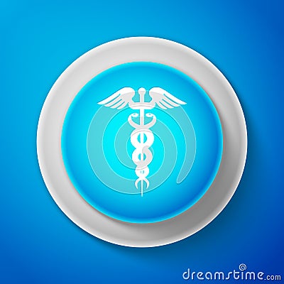 White Caduceus medical symbol icon isolated on blue background. Medicine and health care concept. Emblem for drugstore Vector Illustration