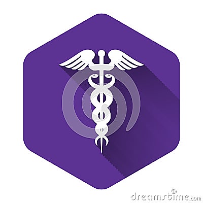 White Caduceus medical symbol icon isolated with long shadow. Medicine and health care concept. Emblem for drugstore or Vector Illustration