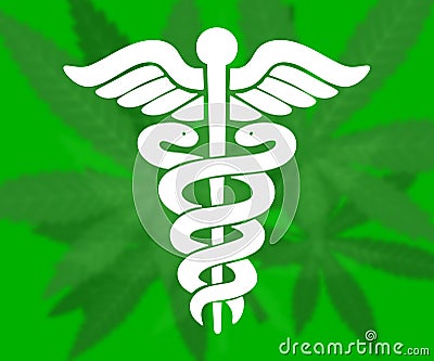 White caduceus sign on marijuana background Stock Photo