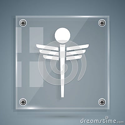 White Caduceus snake medical symbol icon isolated on grey background. Medicine and health care. Emblem for drugstore or Vector Illustration