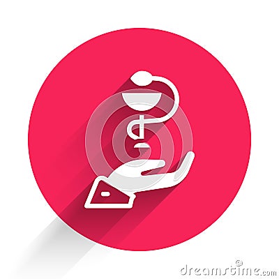 White Caduceus snake medical symbol icon isolated with long shadow. Medicine and health care. Emblem for drugstore or Stock Photo