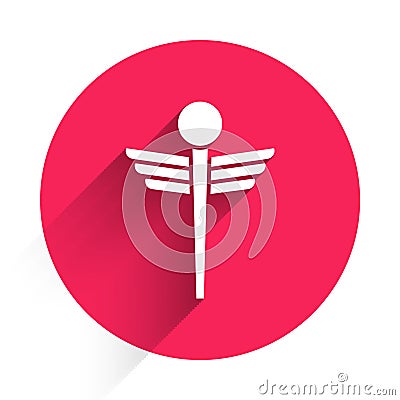 White Caduceus snake medical symbol icon isolated with long shadow. Medicine and health care. Emblem for drugstore or Vector Illustration