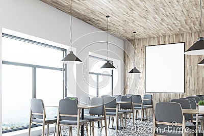 White cafe, wooden ceiling, poster, corner Stock Photo