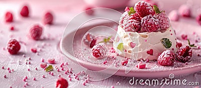 White Cake With Raspberries on Pink Plate Stock Photo