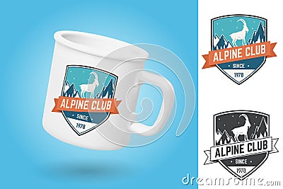 White camping cup. Realistic mug mockup template with sample design. Alpine club badge. Vector. Vintage typography Vector Illustration