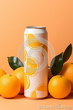 White can with oranges print surrounded by fresh oranges for professional product photography Stock Photo