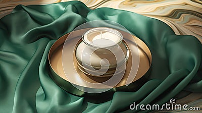a white candle sitting on top of a gold plate on a green cloth Stock Photo