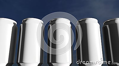 White cans against sky at sunset. Soft drinks or beer for party. Beach bar. 3D rendering Stock Photo