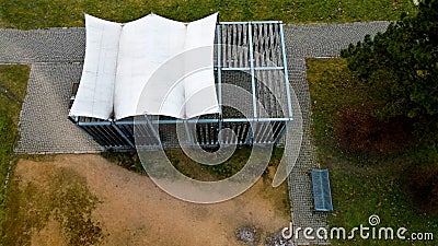 white canvas stretched, shading from the sun and rain over the terrace Stock Photo