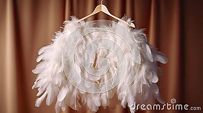 White cape bolero on the shoulders of white feathers. Feather wedding bolero. Wedding jacket. Stock Photo