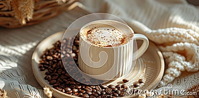 a white cappuccino on top of a platter next to coffee beans Stock Photo