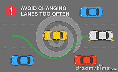 White car is changing position on three lane road. Avoid changing lanes too often rule. Vector Illustration