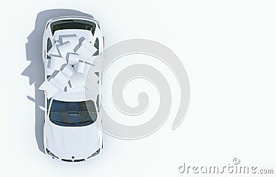 White car wrapped in a white ribbon bow on a white background. Expensive gift. Top view. 3D render with copy space. Stock Photo