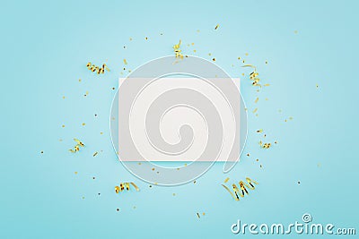 White card on a blue background. gold confetti. blank for postcard for birthday, Christmas, new year, celebration Stock Photo