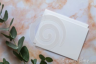 White card mockup flat lay simple clean for Spring, Nursery, Art, Wedding, Party, Mother`s Day, Sale Stock Photo