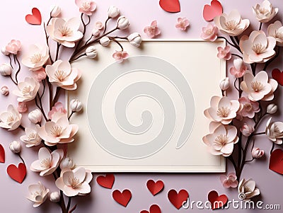 A white card postcard for congratulations and wishes, decorated with flowers and hearts. Text copy space Stock Photo