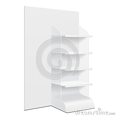 White Cardboard Floor Display Rack For Supermarket Blank Empty Displays. Shelves And Banner Products Mock Up Isolated. Vector Illustration