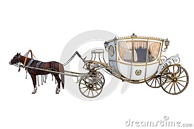 White carriage drawn by a chestnut horse isolated on white background Stock Photo