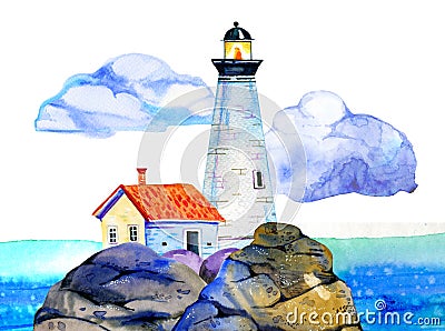 White cartoon lighthouse and small house on stone coast with ocean and clouds on the background Cartoon Illustration