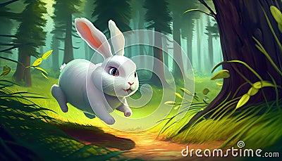 White cartoon rabbit runs in the forest. Ai generative Stock Photo