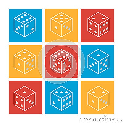 White casino dice on a colorful background. Set of flat modern line icons. Vector illustration. Vector Illustration