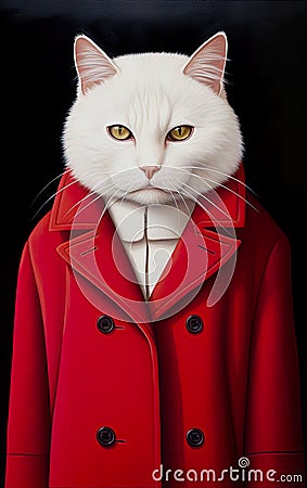 White cat adorned in a striking red trench coat, set against a sleek black background. Stock Photo