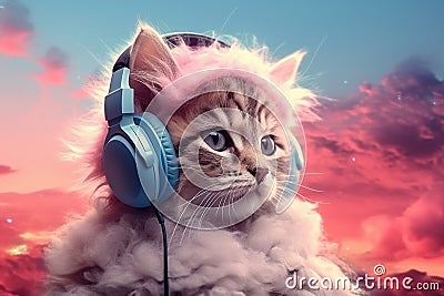 White cat background illustration music pet kitten kitty portrait cute funny animal headphones Stock Photo