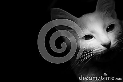 White cat on a black background, mystical artistic light Stock Photo