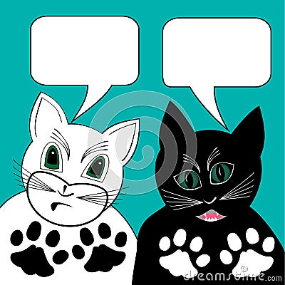 White cat and black tomcat in dialogue, black and white foot prints, speech bubbles with empty area, comic animal Vector Illustration