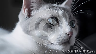 a white cat with blue eyes looking at the camera with a serious look on its face and chest, with a black background, with a soft Stock Photo