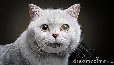 white cat with captivating yellow eyes, set against a black background, pet lovers Stock Photo