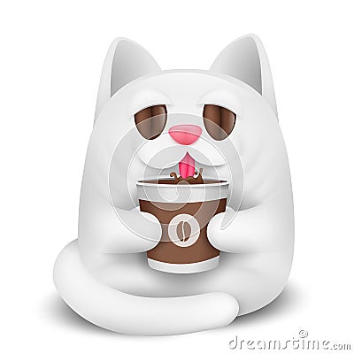 White cat cartoon character drinking coffee. Paper cup in hands. Coffee beans eye Cartoon Illustration